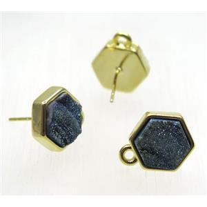 green druzy quartz earring studs, hexagon, gold plated, approx 10x10mm