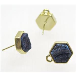 blue druzy quartz earring studs, hexagon, gold plated, approx 10x10mm