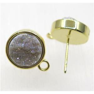 AB-color druzy quartz earring studs, gold plated, approx 10mm dia