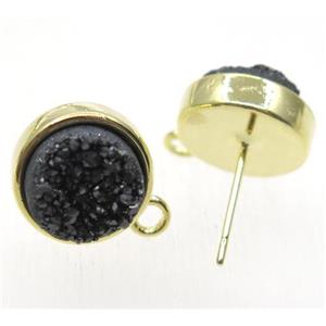 black druzy quartz earring studs, flat round, gold plated, approx 10mm dia