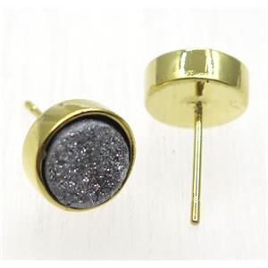 silver druzy quartz earring studs, flat-round, gold plated, approx 8mm dia