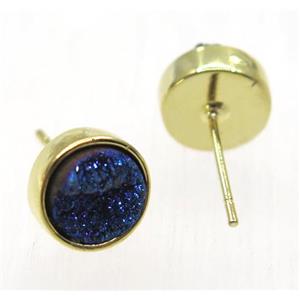 blue druzy quartz earring studs, flat-round, gold plated, approx 8mm dia