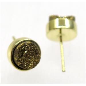 golden druzy quartz earring studs, flat-round, gold plated, approx 8mm dia