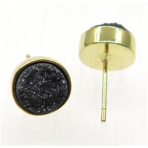 black druzy quartz earring studs, flat-round, gold plated, approx 8mm dia