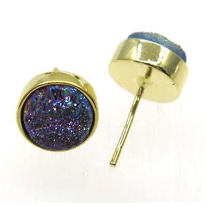 rainbow druzy quartz earring studs, flat-round, gold plated, approx 8mm dia