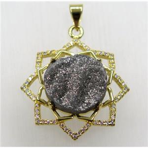 silver solar agate druzy pendant, gold plated, approx 15mm, 28mm