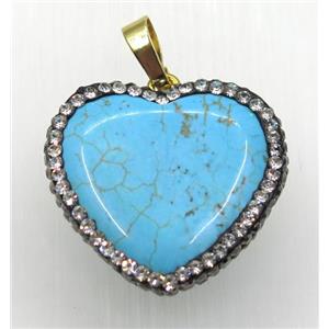 blue turquoise heart pendant paved rhinestone, approx 28mm dia