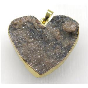 gold-champagne druzy quartz pendant, heart, gold plated, approx 40mm wide