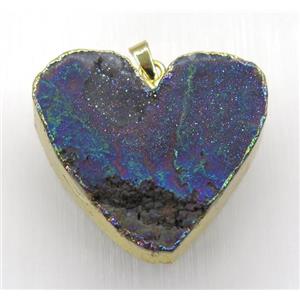 rainbow druzy quartz pendant, heart, gold plated, approx 40mm wide