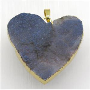 gray blue druzy quartz pendant, heart, gold plated, approx 40mm wide