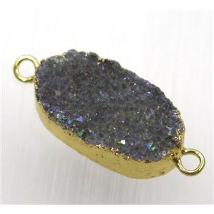 rainbow druzy quartz connector, oval, gold plated, approx 12-21mm
