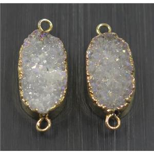 white AB-color druzy quartz connector, oval, gold plated, approx 12-21mm