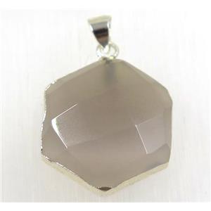 gray agate hexagon pendant, 925 silver plated, approx 20mm dia
