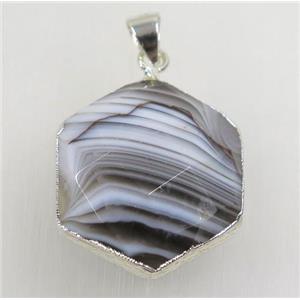 black agate hexagon pendant, 925 silver plated, approx 20mm dia