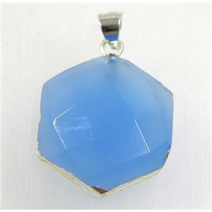 blue agate hexagon pendant, 925 silver plated, approx 20mm dia