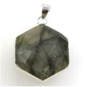Labradorite hexagon pendant, 925 silver plated, approx 20mm dia