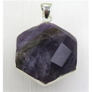 purple Amethyst hexagon pendant, 925 silver plated, approx 20mm dia