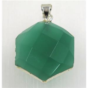 green Agate hexagon pendant, 925 silver plated, approx 20mm dia