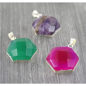 mix gemstone hexagon pendant, 925 silver plated, approx 20mm dia