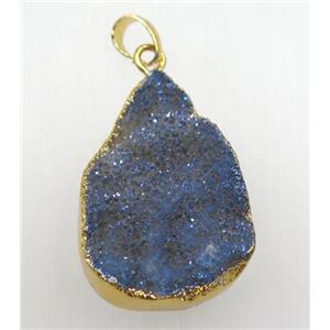 bluegray druzy quartz teardrop pendant, gold plated, approx 25-35mm
