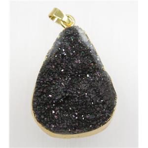 black druzy quartz teardrop pendant, gold plated, approx 25-35mm