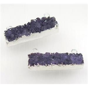 Amethyst druzy rectangle pendant with 2loops, silver plated, approx 10-40mm