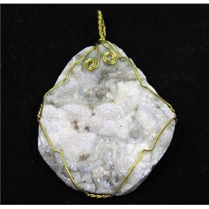 white ab-color solar agate druzy slice pendant with wire wrapped, freeform, approx 30-50mm