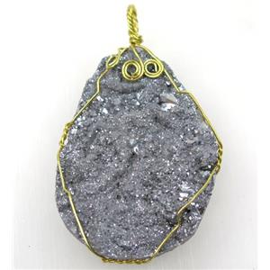 silver solar agate druzy slice pendant with wire wrapped, freeform, approx 30-50mm