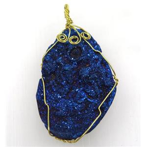 blue solar agate druzy slice pendant with wire wrapped, freeform, approx 30-50mm
