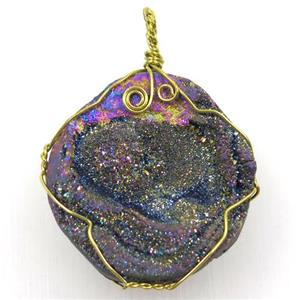 rainbow solar agate druzy slice pendant with wire wrapped, freeform, approx 30-50mm