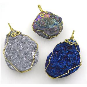 solar agate druzy slice pendant with wire wrapped, freeform, mix color, approx 30-50mm