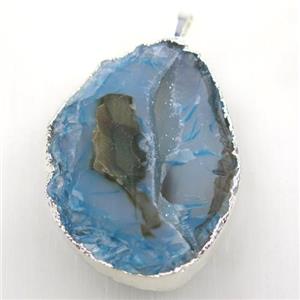 blue geode agate druzy pendant, freeform, silver plated, approx 40-55mm