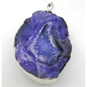 purple geode agate druzy pendant, freeform, silver plated, approx 40-55mm