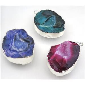 geode agate druzy pendant, freeform, silver plated, mix color, approx 40-55mm