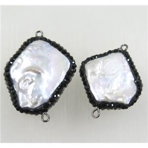 white freshwater pearl connector paved black rhinestone, freeform, approx 20-30mm