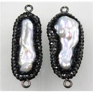white freshwater pearl connector paved rhinestone, freeform, approx 14-35mm