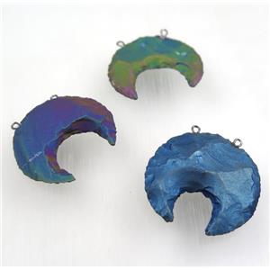 hammered Rock Agate crescent pendant with 2loops, mix color, approx 30-35mm