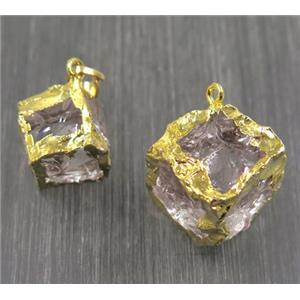 Hammered Clear Quartz cube pendant, gold plated, approx 14-20mm