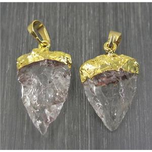 Hammered Clear Quartz arrowhead pendant, gold plated, approx 15-40mm
