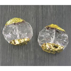 Hammered Clear Quartz beads, flat round, gold plated, approx 16-20mm