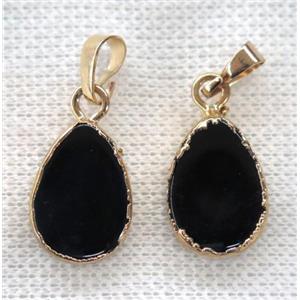 black agate pendant, teardrop, gold plated, approx 13x18mm