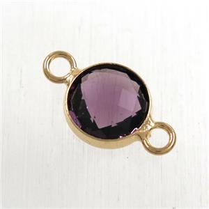purple Chinese crystal glass connector, faceted flat round, rose gold plated, approx 10mm dia