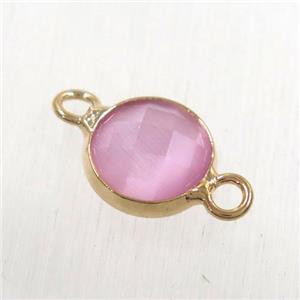 pink cats eye stone connector, faceted flat round, rose gold plated, approx 10mm dia