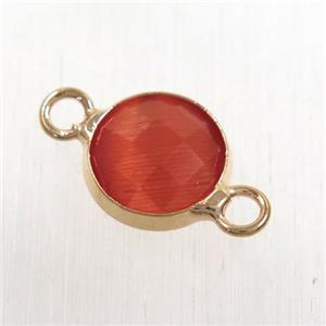 red cats eye stone connector, faceted flat round, rose gold plated, approx 10mm dia