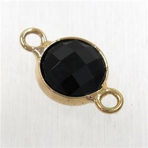 black Chinese crystal glass connector, faceted flat round, rose gold plated, approx 10mm dia