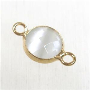 white cats eye stone connector, faceted flat round, rose gold plated, approx 10mm dia