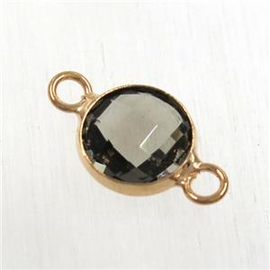 smoky Chinese crystal glass connector, faceted flat round, rose gold plated, approx 10mm dia