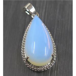 white opalite teardrop pendant, copper, platinum plated, approx 15x30mm