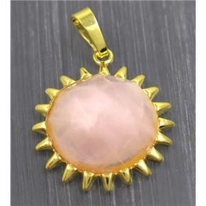 Rose Quartz sunflower pendant, pink, gold plated, approx 25mm dia