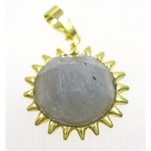 Labradorite sunflower pendant, gold plated, approx 25mm dia